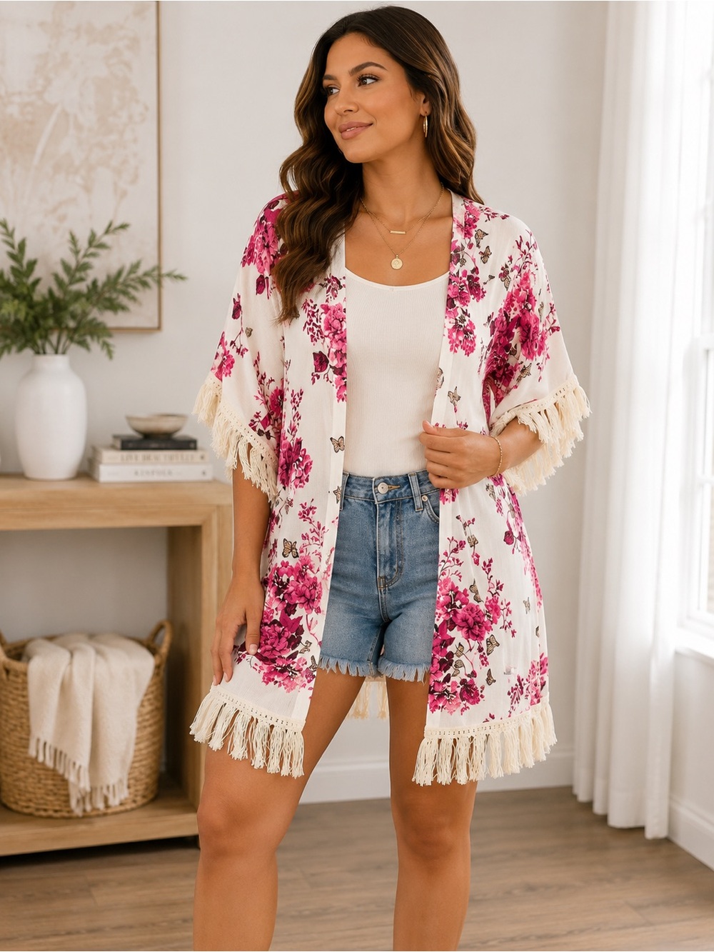 🩷. 9064. Floral Fringe Kimono Cardigan - Pink on Cream